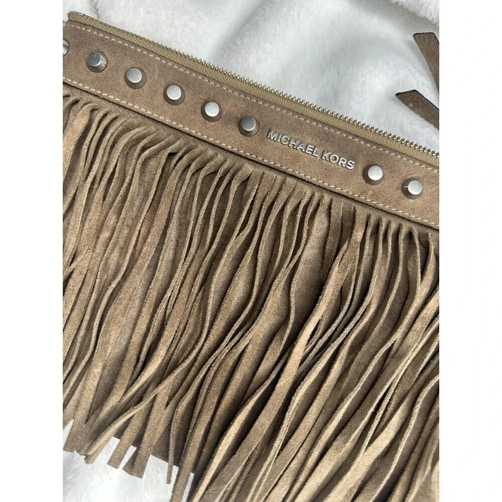 Michael Kors Clutch Bag Womens Medium Brown Suede Fringe Studded Boho Western